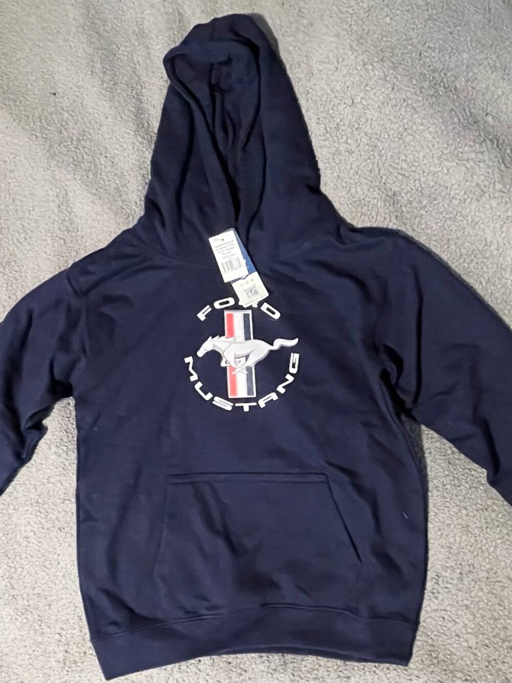 NWT Official Ford Mustang Youth Hoodie Large Blue Tri Bar Logo Sweatshirt